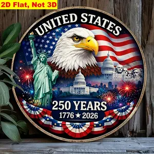 1pc 8in 2D Flat American Flag 250th Anniversary Round Metal Sign, 1776-2026 Patriotic Home Decor Wall Art Plaque