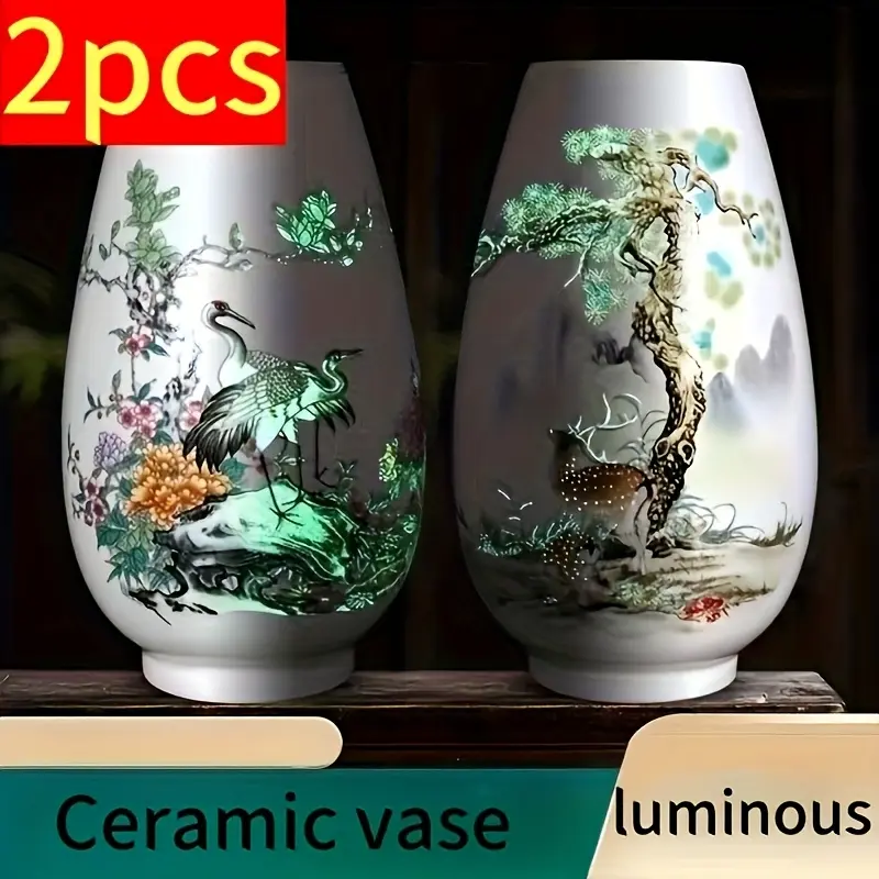 2pcs Luminous Ceramic Decorative Flower Vases - China Jingdezhen Handmade Home Decor for Living Room Tabletop, Office Wedding Ornaments Set, Decorative Flower Vase