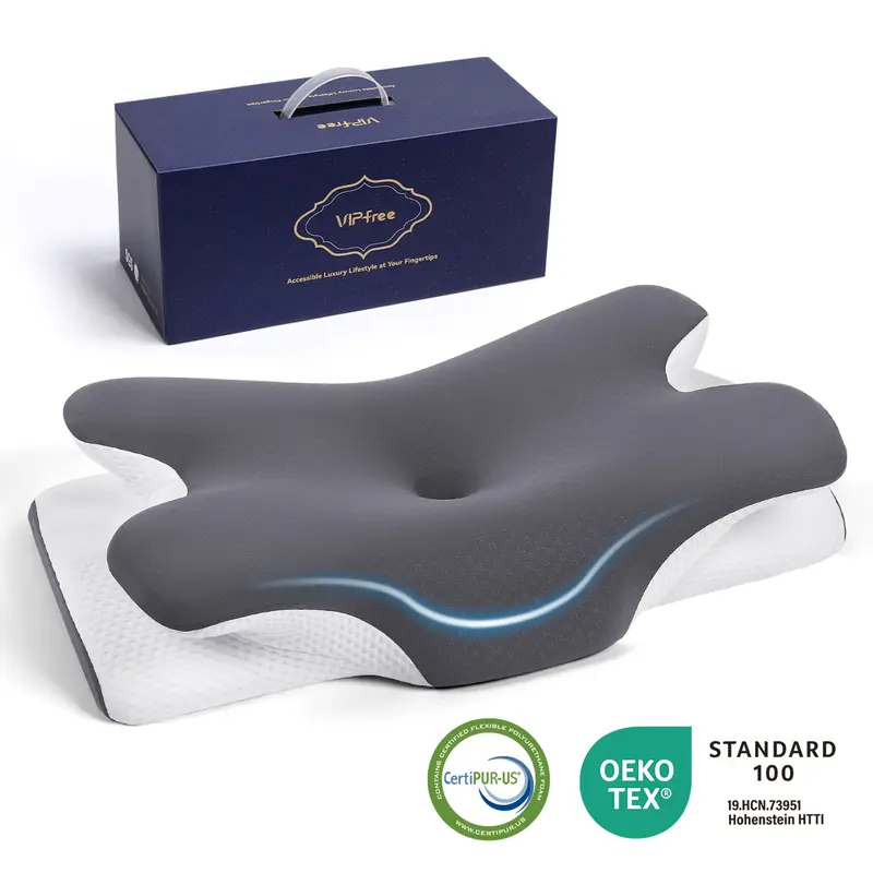 VIPfree Cervical Support Pillow - Adjustable Ergonomic Memory Foam with Breathable Removable Pillowcase & Free Gift - OEKO-TEX Certified Quality Sleep Solution