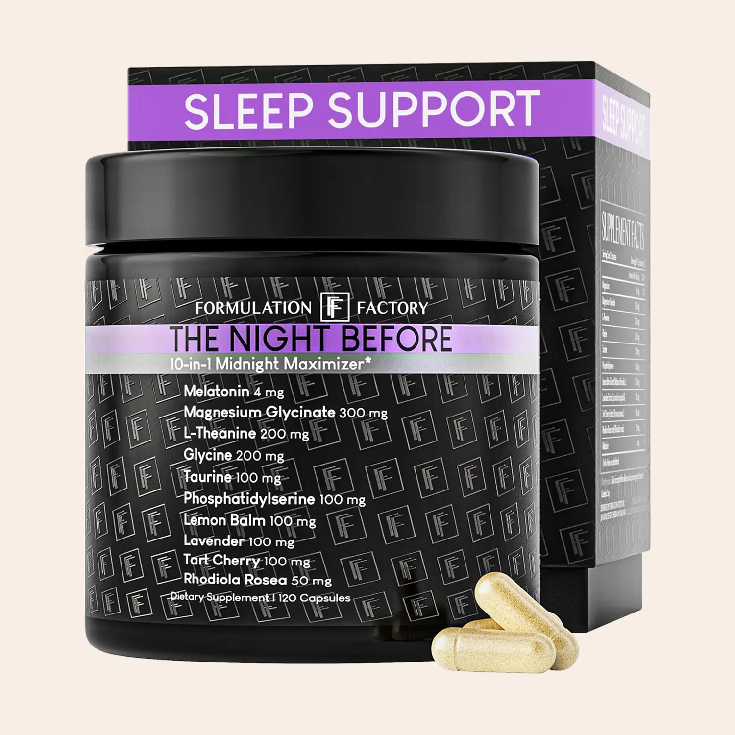 Formulation Factory 10-in-1 Natural Sleep Supplement | The Night Before Magnesium Glycinate & Melatonin + L-Theanine, Lemon Balm, Tart Cherry, Relaxation, Recovery, Sleep Support, 120 Capsules