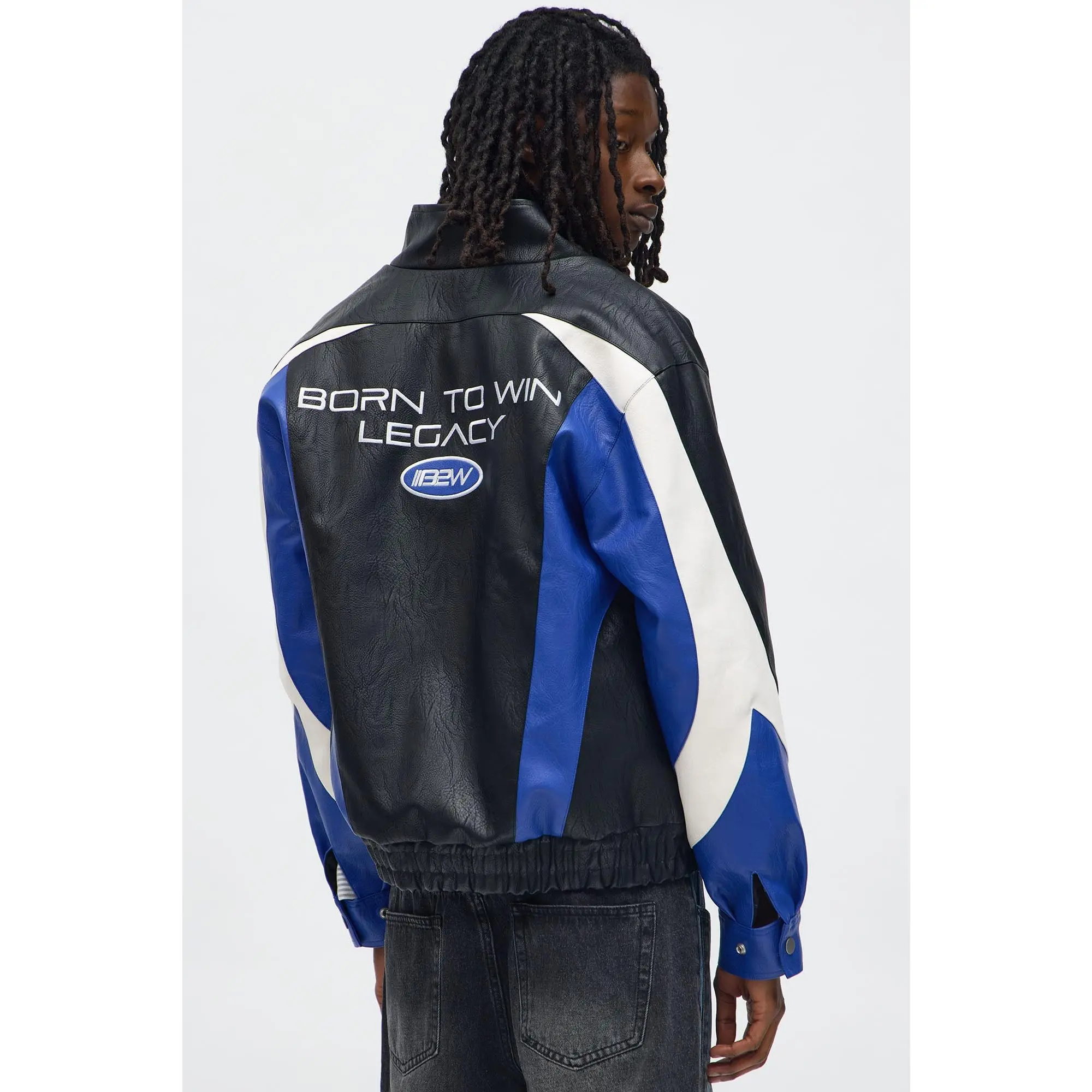 Colorblock Racer Faux Leather Bomber Jacket - Black