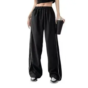 Women's Baggy Wide-Leg Pants – Pocket Design, Elastic Waist & Side Trim for Securely Holding Small Items & Comfortable Relaxed Fit, Ideal for Daily Wear