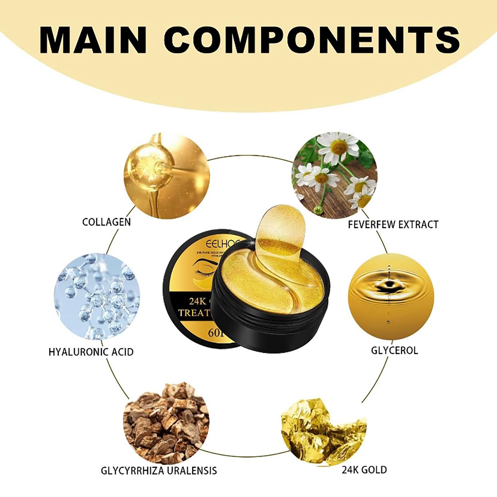 EELHOE 60PCS, 24K Gold Eye Patches for Puffy Eyes Treatment, Eye Masks for Dark Circles and Puffiness, Non-lrritating Eye Mask Skincare, Eyes Bags Treatment, Eye Gel Pads 24 k