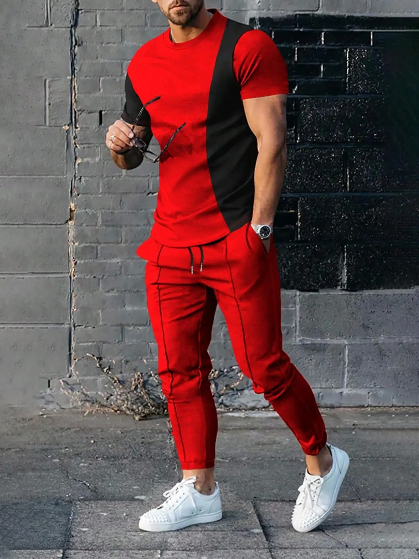 Men's Colorblock Patchwork Crewneck Tee & Plain Sweatpants Set, Short Sleeve T-shirt & Drawstring Waist Pocket Jogger Pants, National Day Clothing, Men's Summer Outfits, Casual Trousers & Top, Casual Style Set, Matching Outfits Set