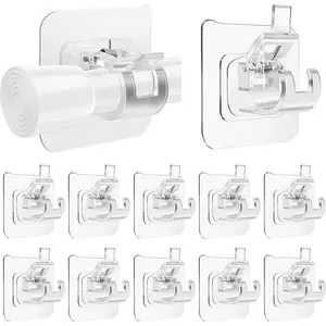 12PCS No Drill Curtain Rod Brackets Self Adhesive Curtain Rod Holder No Drilling Curtain Rod Hooks Nail Free Adjustable Curtain Rod Holders Curtain Hangers for Bathroom Kitchen LivingRoom