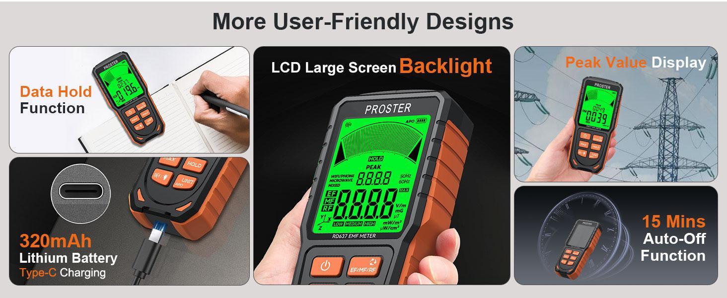 Proster Rechargeable EMF Meter - 3 in 1 Electromagnetic Field Detector for EF RF MF X/Y/Z -Axial Magnetic Field Radiation EMF Detector with 3-Colour Display Screen & Sound Alarm System