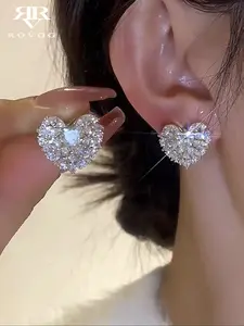 Luxurious Elegant Sweet Heart Stud Earrings, Rhinestone Earrings, Heart Shape Earrings, Full Diamond Glass Unique Women's Jewelry, Fashionable and Stylish Accessories