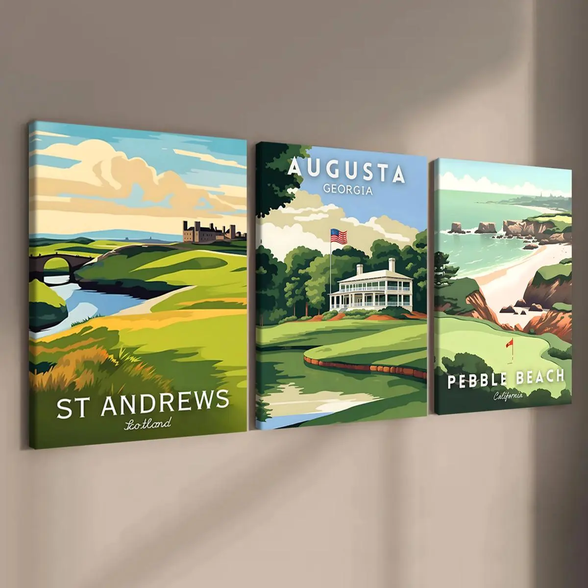 Golf Course Pattern Wooden Framed Canvas Painting Art Print, 3 Counts/set Modern Art Design Fashion Decoration Items, Wall Decor Pictures Wall Art for Home Living Room Bedroom Office