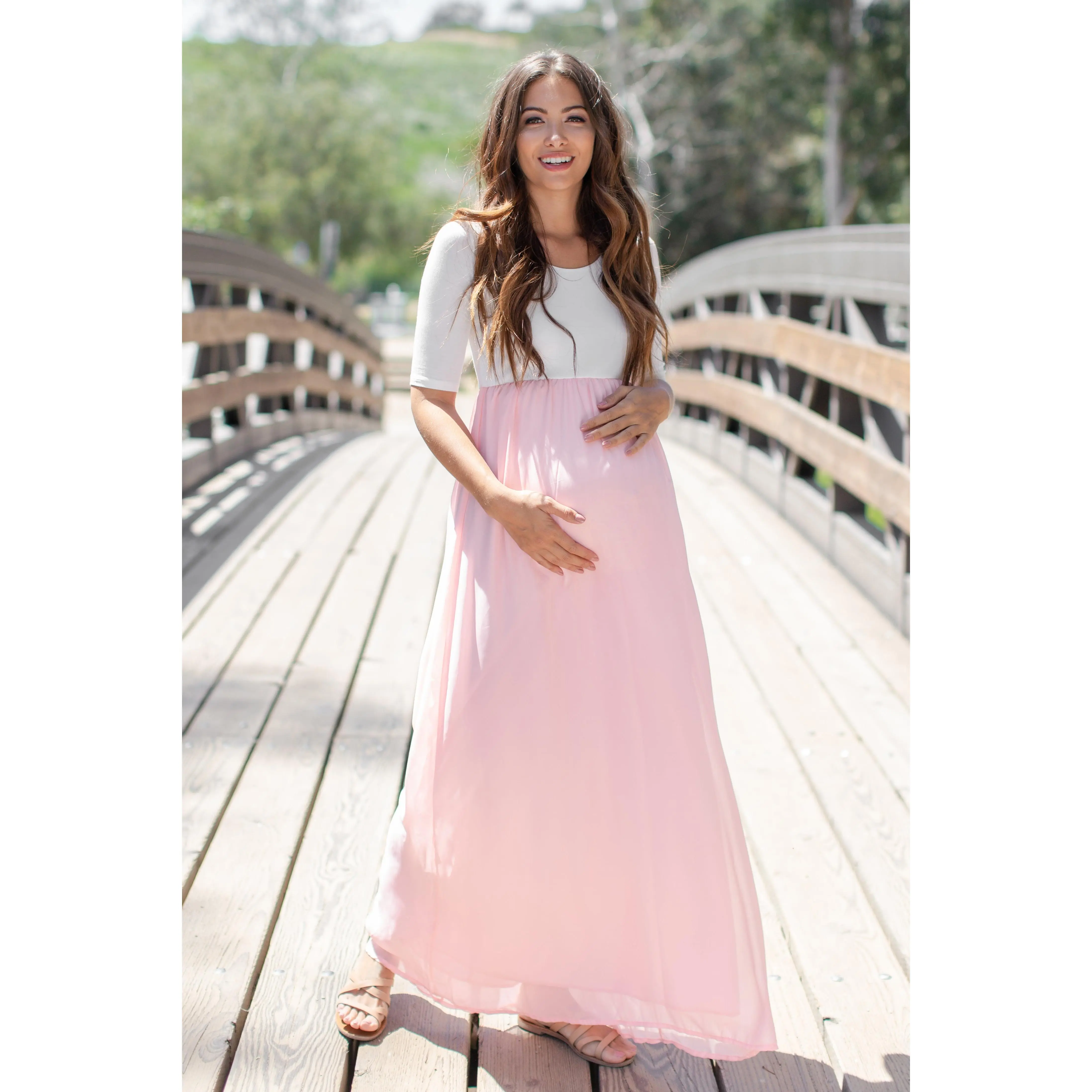 PinkBlush Petite Light Pink Chiffon Colorblock Maternity Maxi Dress