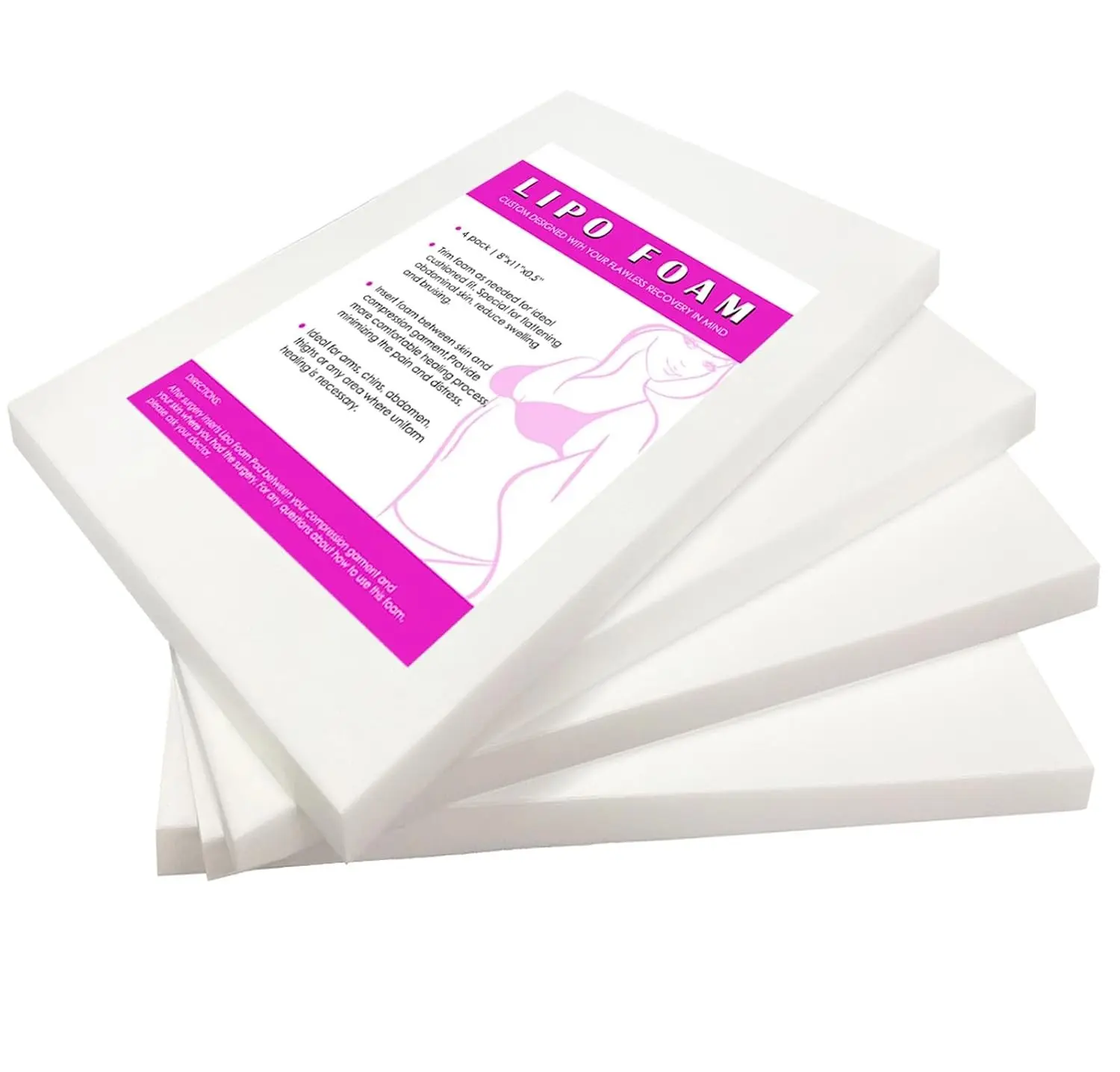 4 Pack Lipo Foam Pads Post Surgery 8"X11" Ab Board Foam | Liposuction Recovery Compression Foam Boards for Tummy, Arms, Thighs, Multi-Purpose Lipo Foam Sheets