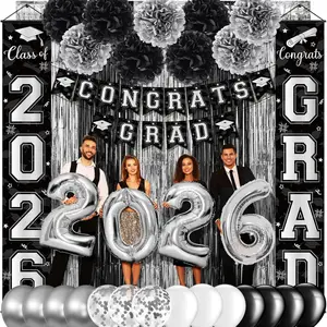 Graduation Party Decorations Class 2026 Congrats Grad Banner Fringe Foil Curtain Paper Flower Ball Balloons for High School College Graduation Party Supplies Black Silver