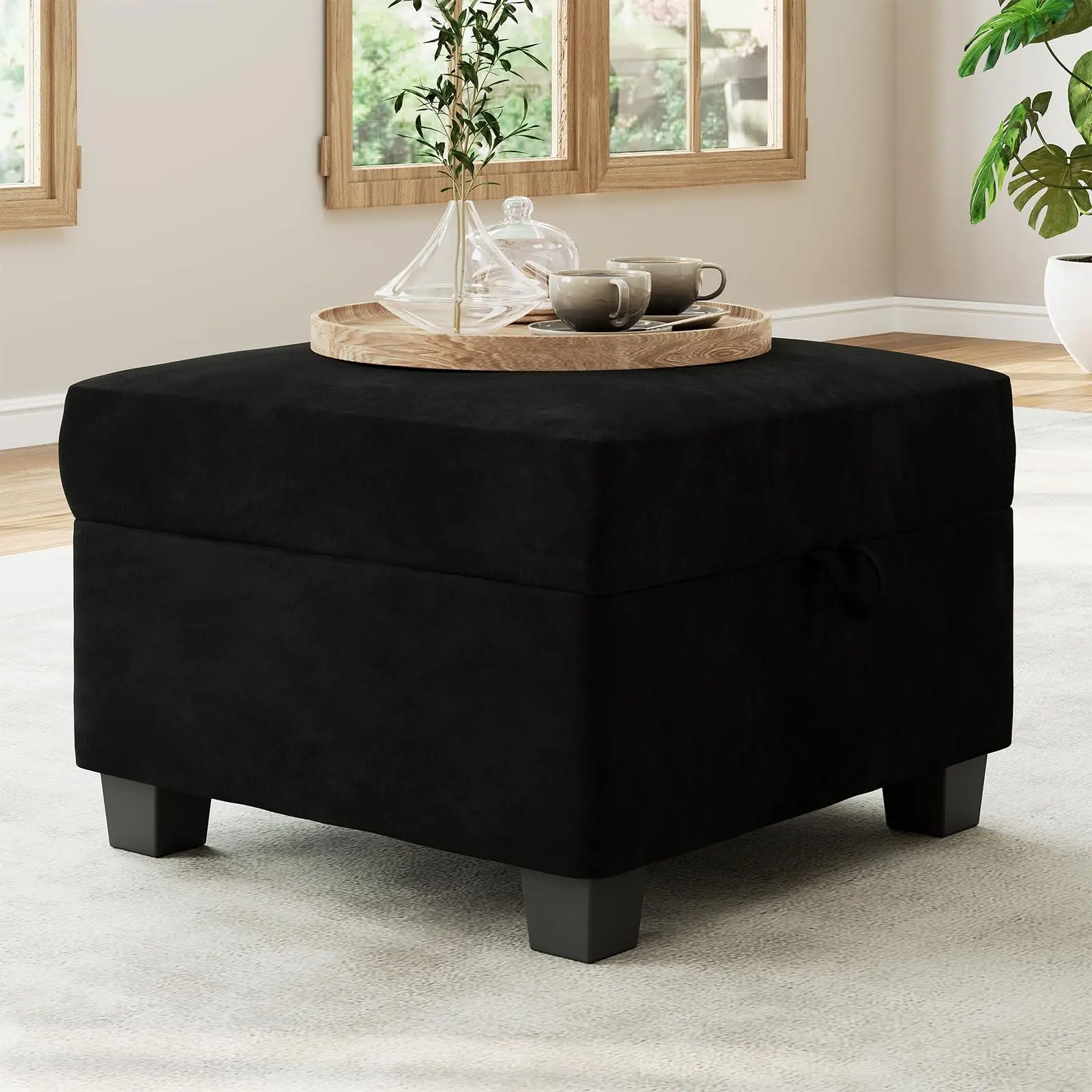 Minimalist Modular Square Velveteen Upholstered Storage Ottoman - 26x26x17in Footstool with Storage, Double Lines Seat Cube, Hidden Compartment for Living Room Sectional Sofa