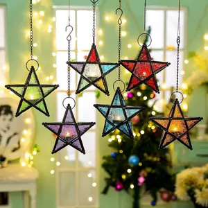European Style Five-Pointed Star Windproof Candle Holder Iron Art Colored Glass Wind Lamp Vintage Moroccan Candle Holder Holiday Decorations
