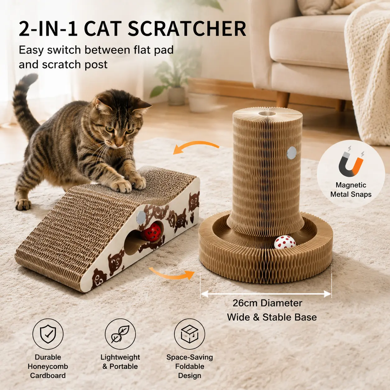 2-in-1 Magnetic Transforming  Scratching Post with Interactive Rolling Ball Toy scratcher rascador paragatos  scratcher ramp multi-functional Sloped Sisal Cat Scratcher Ramp space-saving design scratch furniture indoor cardboard play natural jute material