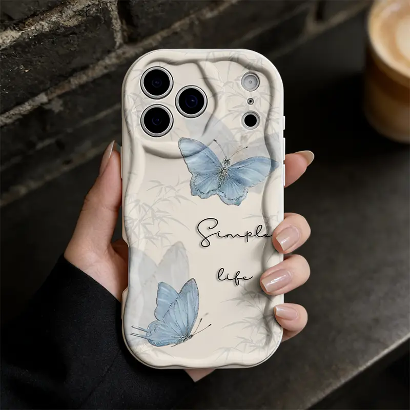 Butterflies & Wavy Bamboo Pattern Smartphone Case for iPhone 17 Pro Max,16,15 Plus,14,13,12 Series - Full Camera Lens Protection, Shockproof, Drop-Resistant, Durable, Aesthetic Minimalist Handheld Cellphone Case for Daily Use