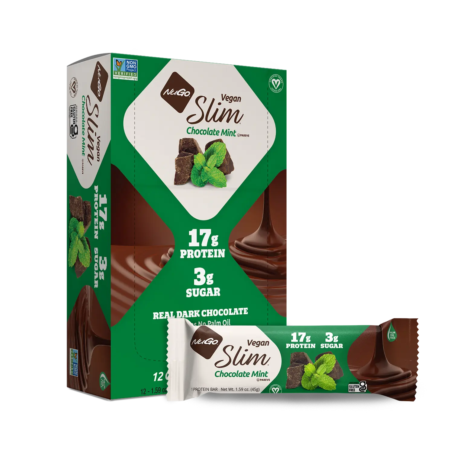 NuGo Slim Dark Chocolate Mint, 17g Vegan Protein, 3g Sugar, 6g Fiber, Low Net Carb, Keto Friendly, Gluten Free, 12 Count