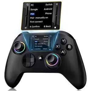 Wireless interactive screen game controller compatible with for PC, PS4, Switch, Android, and iOS devices, featuring 4 programmable buttons, rapid fire function, six-axis gyroscope, dual vibration feedback, and RGB lighting