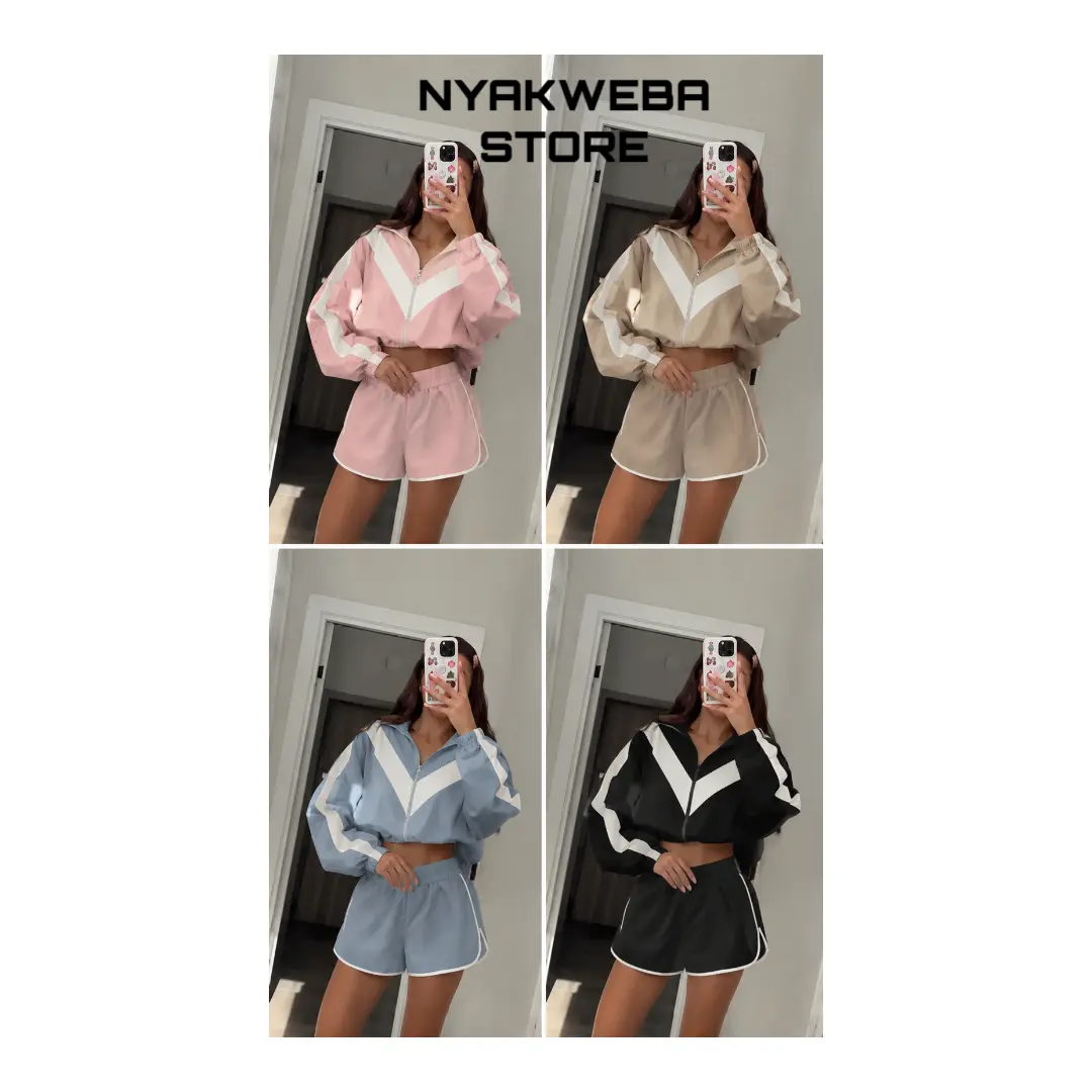 NYAKWEBA Women's 2 Piece Athletic Tracksuit Set – Cropped Half-Zip Chevron Windbreaker Jacket & Elastic Waist Runner Shorts, Retro Sporty Lounge Set