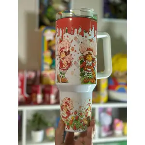 Vintage Strawberry Girl 40oz Insulated Tumbler with Handle & Straw - Aesthetic Retro Stainless Steel Travel Mug - Perfect Summer Gift for Her