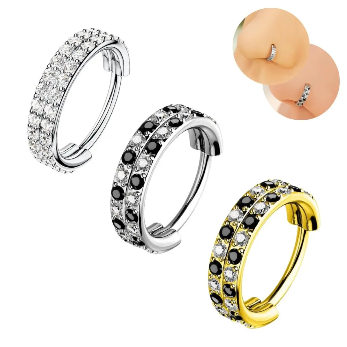 OUFER BODY JEWELRY 20G 316L Stainless Steel Checkered AAAAA+ Grade Double Cubic Zirconia Hinged Segment Nose Ring - Unisex Fashion Body Jewelry for Nostril, Ear Cartilage Piercings, Dainty Body Jewelry
