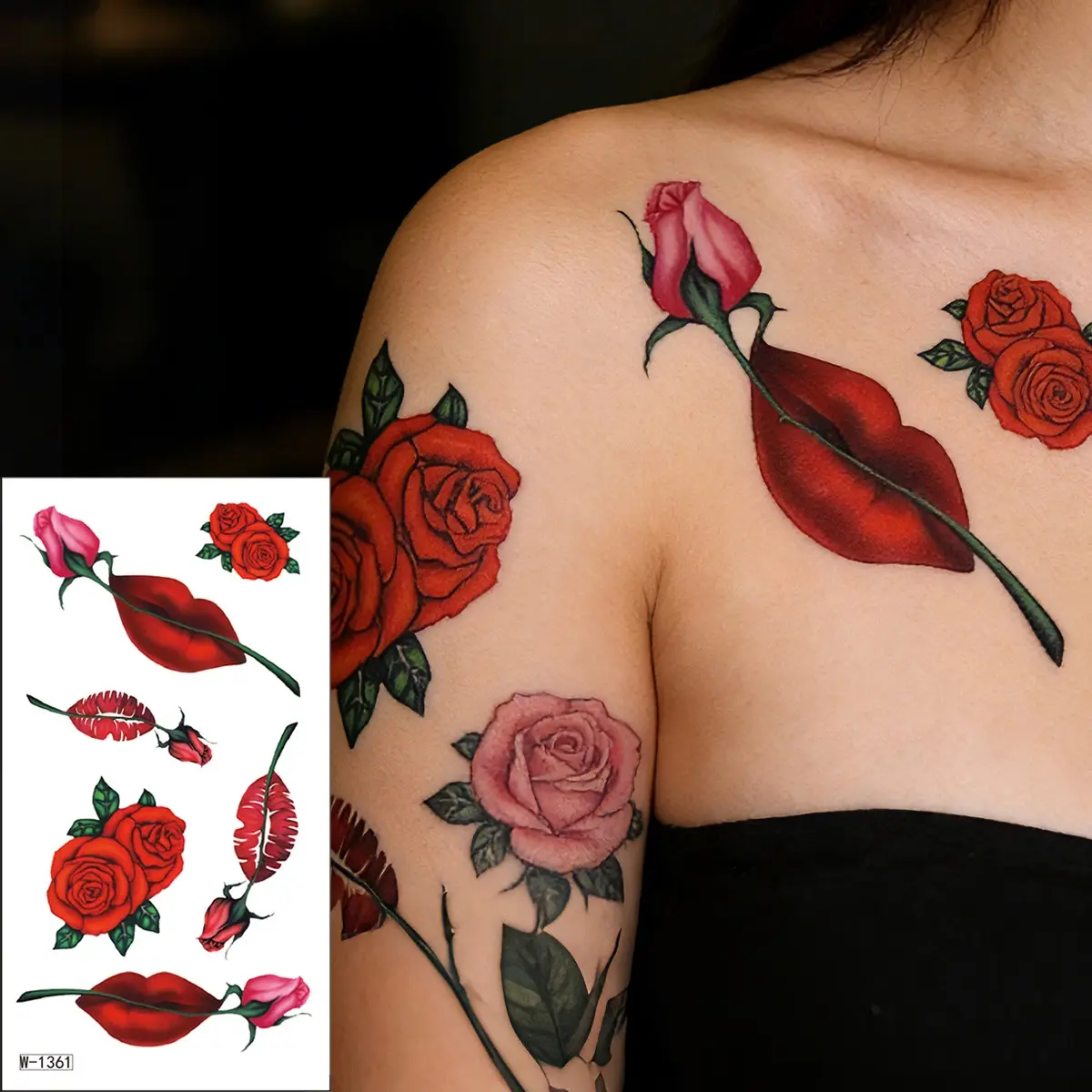 Sexy Lip and Rose Temporary Tattoo Sticker, Fashion Body Art Patch for Arms and Waist, Women's Party Decor Accessory, Juicy Lip Tattoo
