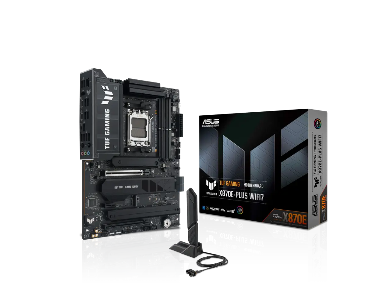 ASUS TUF GAMING X870E-PLUS WIFI7 AMD X870E ATX Motherboard with 16+2+1 80A Power Stages, DDR5 Support with AEMP, PCIe 5.0 x16 with PCIe Slot Q-Release Slim, Four M.2 Slots, WiFi 7 with ASUS WiFi Q-Antenna