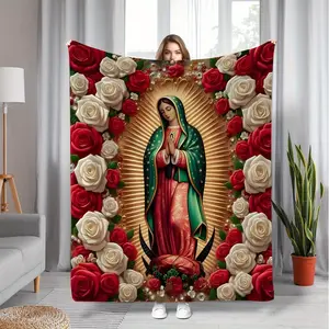 Virgin Mary and Rose Print Flannel Graphic Blanket - Soft, Warm, All-Season Blanket for Home, Travel, Holiday Gifting, Mixed Colors, Graphic Blankets