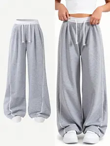 Contrast Piping Wide Leg Sweatpants, Elastic Waist Drawstring Adjustable Pants, Casual Streetwear for Girls & Teens, All Seasons