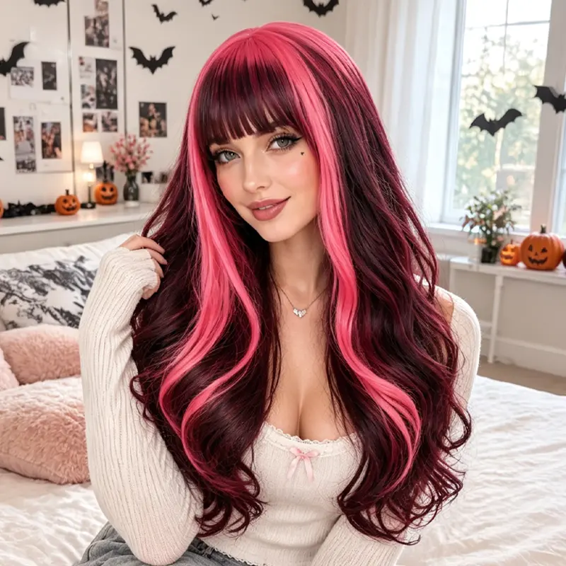 ZIHAN 22-Inch Red & Black Y2K Vampire Gothic Cosplay Wig with Bangs - Heat Fiber Synthetic Hair, Glueless Rose Net Cap, Curly Waves for Gothic Look, Short Cut Compatible, Dark Tones, Themed Events, Daily Wear