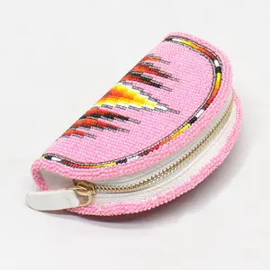 Hand Beaded Native American Inspired Ethnic Style Seed Bead Coin Purse - Pink Orange