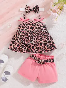 3-Piece Infant Girls Leopard Print Ruffle Top and Shorts Set, Fitted Cut, Stylish Baby Wear for Summer, Cute Toddler Gift Sets, Baby Clothing, Outfits
