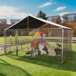 Heavy Duty Outdoor Dog Kennel with UV Roof Cover, Galvanized Steel Large Dog Playpen with Dual-Lock Gate, Anti-Rust Metal Pet Run Pen for Backyard & Farm, Windproof Dog Fence with Ground Anchors, Multi-Pet Outside Play Yard, Grey