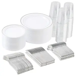 700-Piece Disposable Party Plates & Cutlery Set for 50/100 Guests, Plastic Dinnerware Set Includes Plates, Cups, Forks, Knives, Spoons for Wedding, Catering, Large Events（Silver）