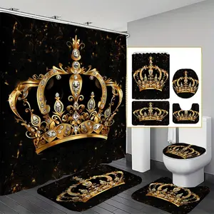 Crown Pattern Shower Curtain with Hooks, 2 Counts Shower Curtains/1 Set Shower Curtain & Toilet U-shape Mat & Rectangular Mat & Toilet Lid Cover Set, Bathroom Decor Supplies for Home Dormitory Salon Hotel, Shower Curtain Sets