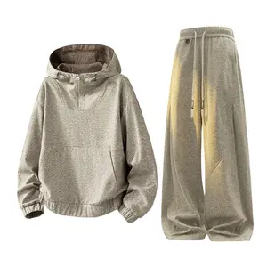 Casual athletic hooded sweatshirt set, long-sleeve loose two-piece outfit, spring/autumn hooded sweatshirt jacket, men’s loose wide-leg straight-leg pants trendy set
