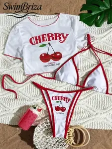 Briza｜Swim Shirt And Thong Bikini In White Cherry Print For Bikini Sets And Swim Sets For Women, Two-Piece Swimsuit, Swimsuits 2 Piece Bathing Suits 2 Piece Set With Swimsuit Cover Up For Women, Vacation Swimwear For Women With Confidence
