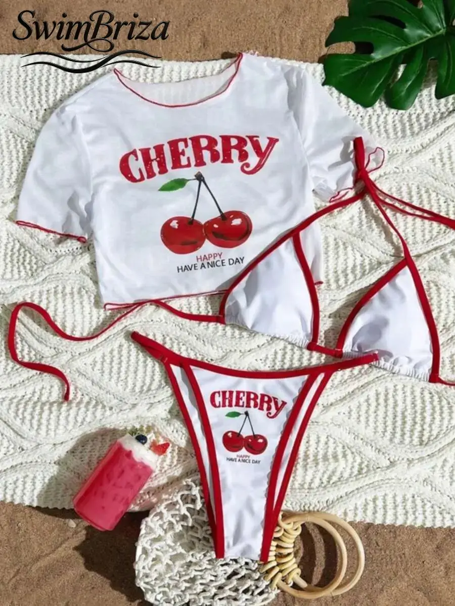 Briza｜Swim Shirt And Thong Bikini In White Cherry Print For Bikini Sets And Swim Sets For Women, Two-Piece Swimsuit, Swimsuits 2 Piece Bathing Suits 2 Piece Set With Swimsuit Cover Up For Women, Vacation Swimwear For Women With Confidence