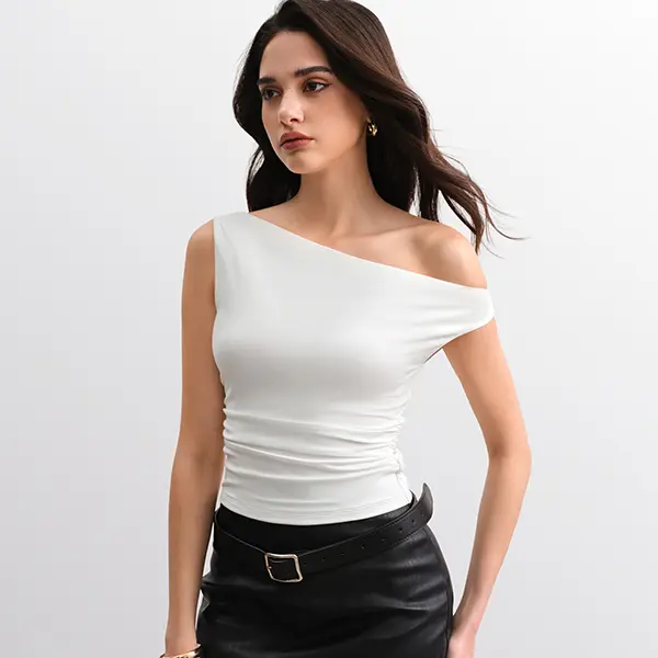 C202 Off Shoulder Ruched Waist Top Snatched Stretch Fit Sleeveless Going Out Tee Chic Summer Everyday Glam