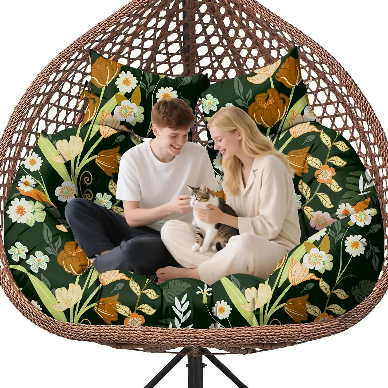 Double Egg Chair Cushion Replacement 59x43 Inch Waterproof Black Peony| Cotton Filling, Outdoor Patio Double Hanging Swing Basket Egg Chairs Compatible, Thickened Padding, Large Size Cushions