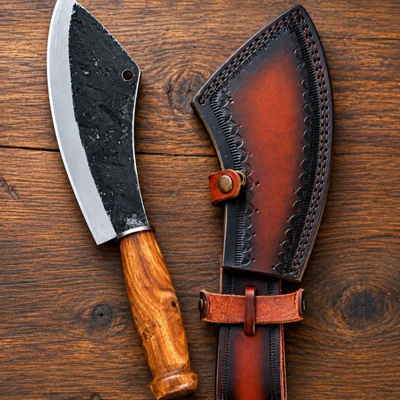 Hand Forged High Carbon Steel Serbian Cleaver Knife, Kitchen Butcher & Camping Knife with Leather Sheath