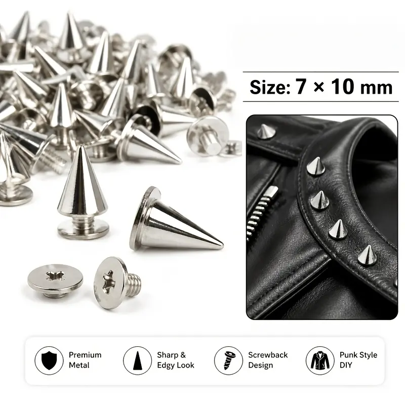 80-Pack Silver Tone Metal Screw-On Cone Spikes (7x10mm) - Easy-Install Screw-Back Punk Rivet Studs, DIY Hardware Decor for Leather Jackets, Sneakers, Goth Alt Y2K Edgy Custom Clothing Craft Supplies