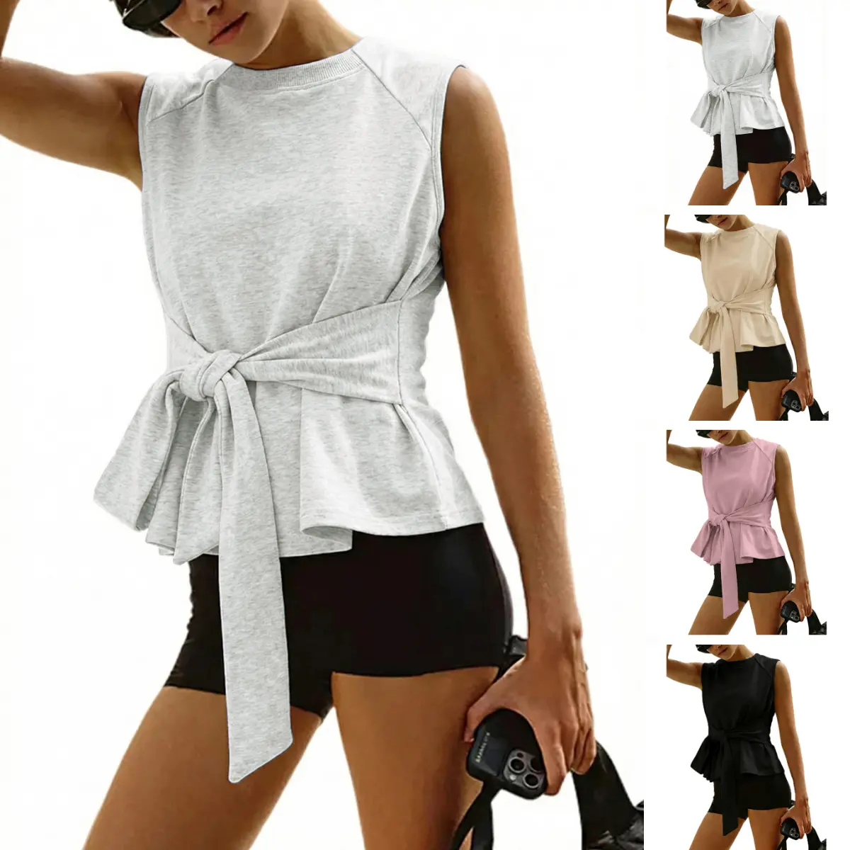 UANEO Women's Summer Sleevesless Tops Vest Sweatshirt Workout Crewneck Tie Knot Wrap T Shirt Tee