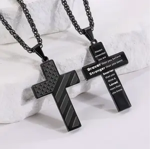 Black Crossflag Necklace,with Bible Verse& AmericanFlag,Inspirational Gift for MenTeens Boys Confirmation Birthday CoolBoyfriend Chain,Daily Accessories