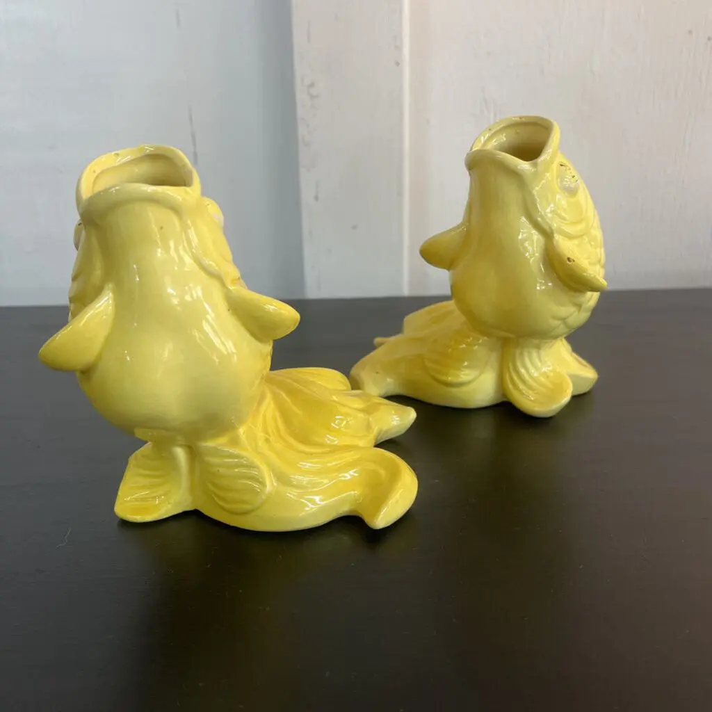 PAIR NORLEANS YELLOW CERAMIC FISH PLANTERS SET