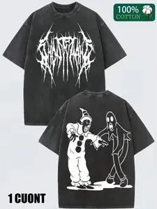Men's Vintage Distressed Print T-Shirt, Horror Clown Aesthetic, 100% Cotton Oversized Short Sleeve, Metal Logo, Gothic Streetwear