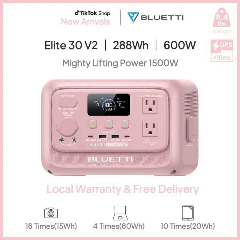 BLUETTI Elite 30 V2 Portable Solar Generator 288Wh Battery 600W AC Output 9 Ports for Camping & Backup Power Station with Smart App & 10ms UPS
