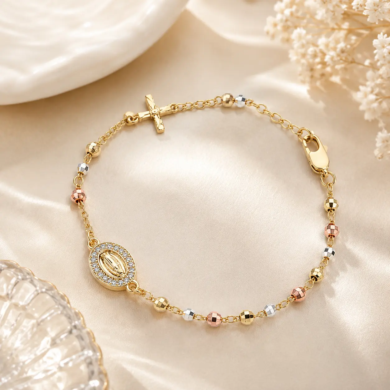 Gold Tone Catholic Rosary Bracelet, Virgin Mary Medal & Cross Charm, Tri‑Color Beaded Religious Bracelet, Inspirational Faith Jewelry, Ideal Religious Gift for Women