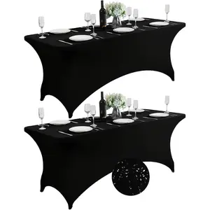 2-Piece Set 6-Foot Tablecloth, Black, Rectangular, High-Density, High-Elasticity, Spandex, Stain-Resistant, Washable For Exhibitions, Banquets, Weddings, Birthdays, Christmas, Halloween, Barbecues, Terrace Cocktail Parties, Venue Decorations
