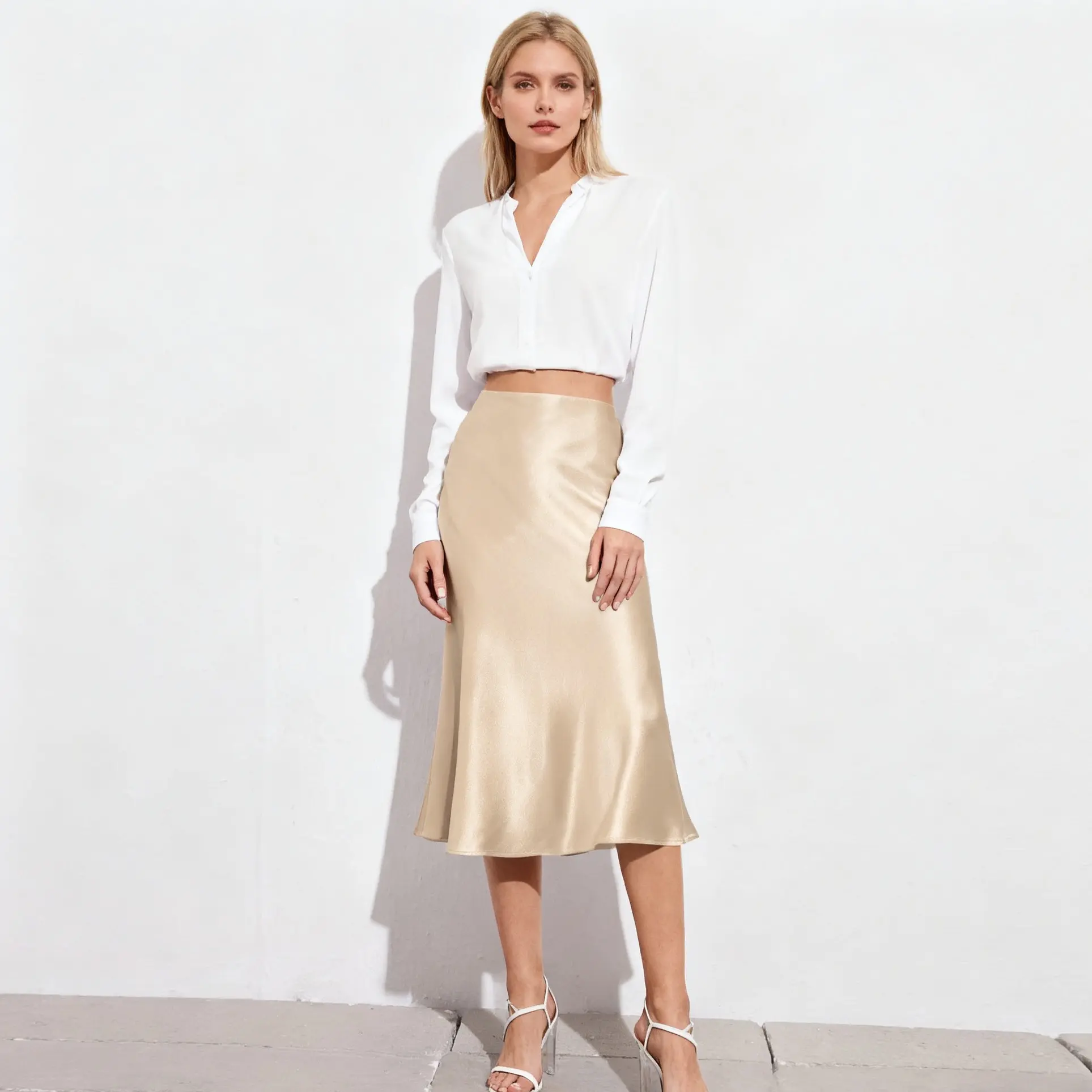 Womens Satin Skirts Casual Silk Midi Skirt High Waisted Long Skirts Zipper Elegant Work Skirts parachute  maxi summerwins,back to school shopping