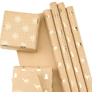 RUSPEPA Kraft Wrapping Paper Sheets with Christmas Tree & Reindeer Design Gold Foil 17.5 x 30 inches 6 Sheets per Roll for Festive Gift Wrapping